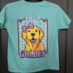 Teal Graphic Tee with Golden Retriever Print. Benny & Belle Size Small